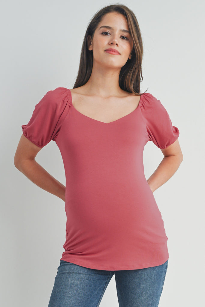 Dark Rose Sweetheart Neck Puff Short Sleeve Maternity Top Front