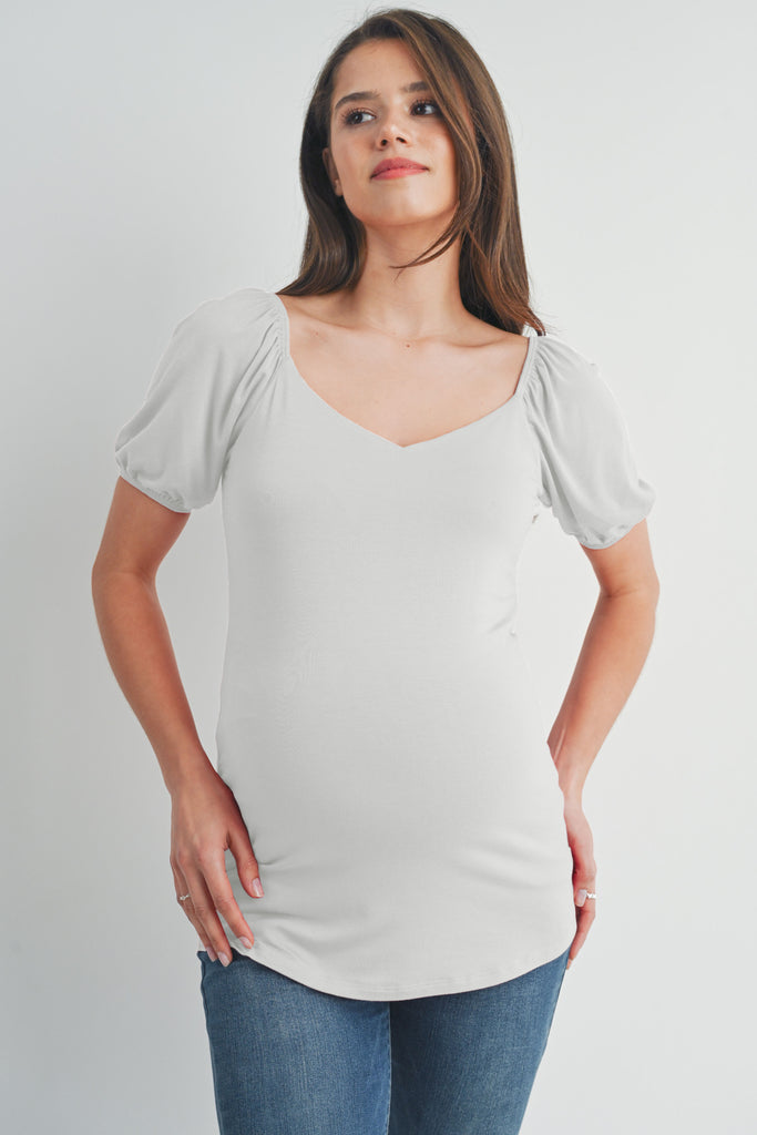 Ivory Sweetheart Neck Puff Short Sleeve Maternity Top Front