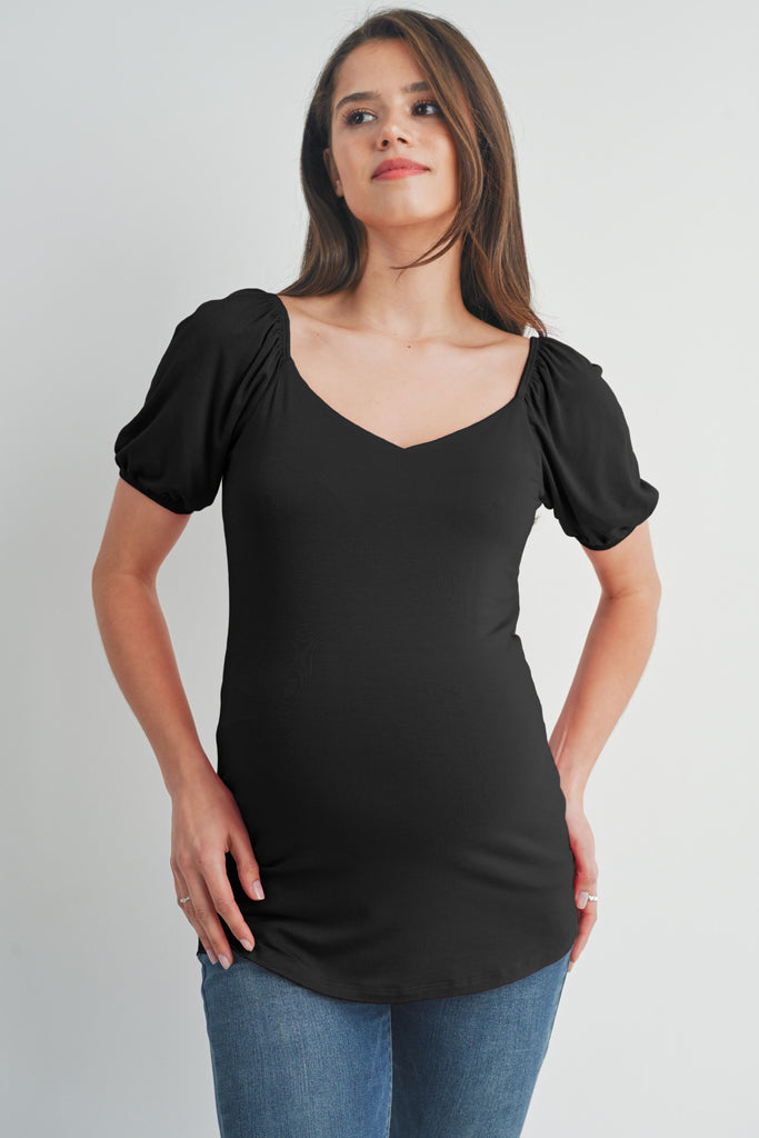 Black Sweetheart Neck Puff Short Sleeve Maternity Top Front