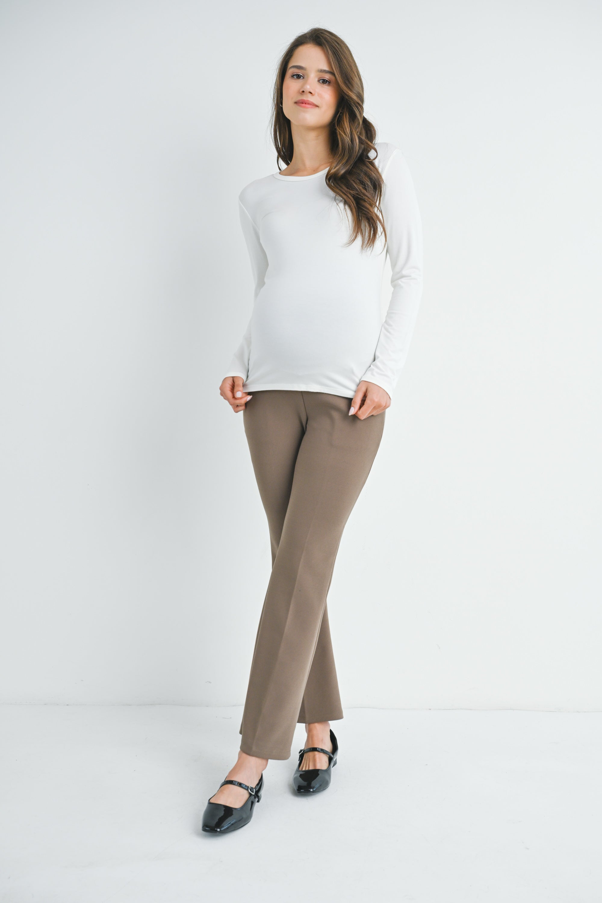 Taupe Flared Over The Belly Maternity Pants with Pockets