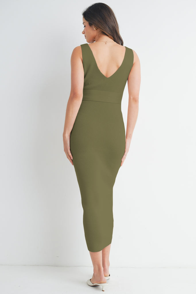 Olive Sleeveless Ribbed Midi Maternity Dress With Belt Back View