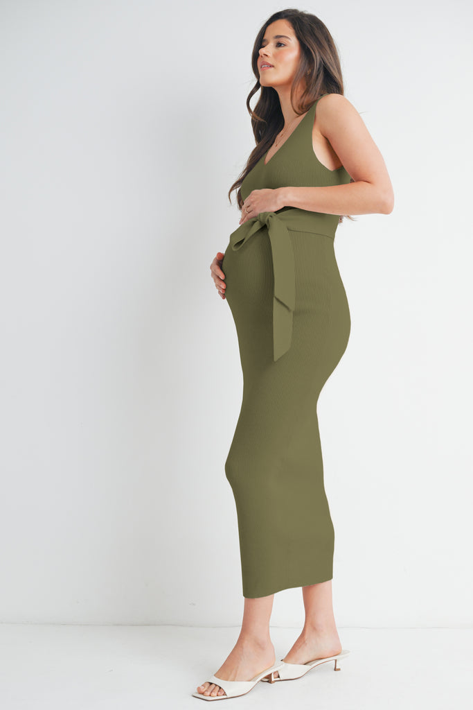 Olive Sleeveless Ribbed Midi Maternity Dress With Belt Side View