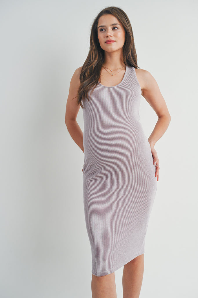 Mauve Scoop Neck Ribbed Bodycon Maternity Dress Front View