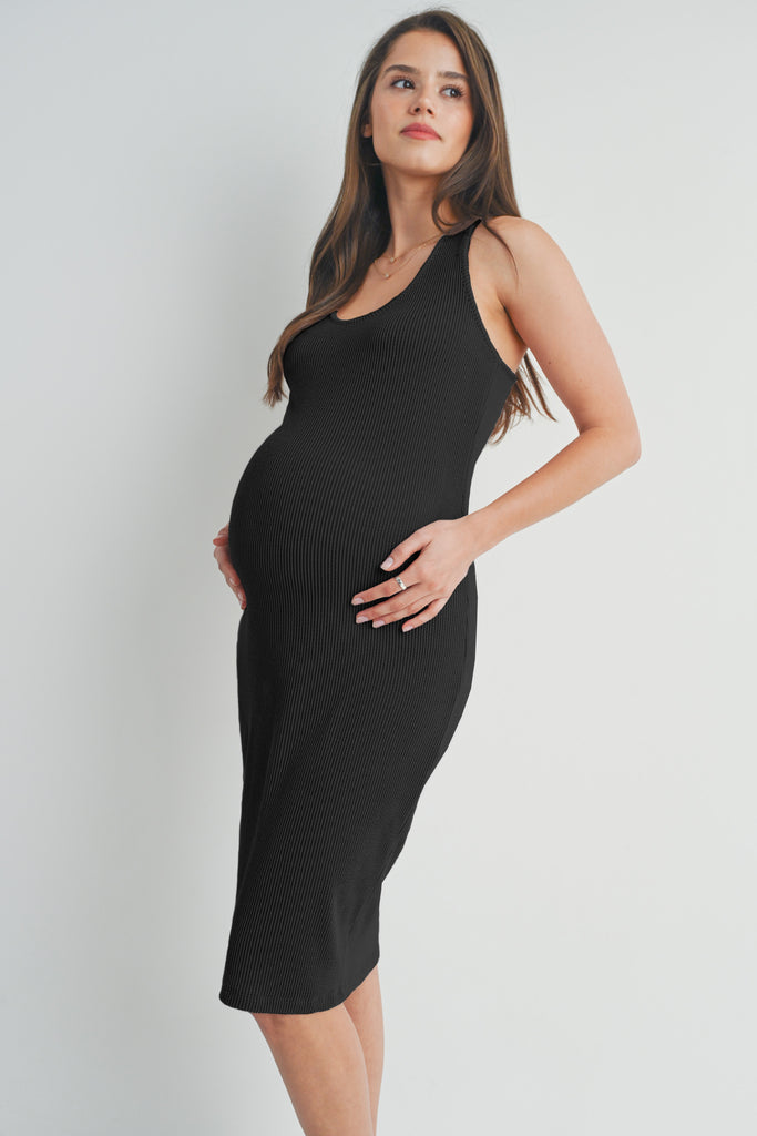 Black Scoop Neck Ribbed Bodycon Maternity Dress Side View