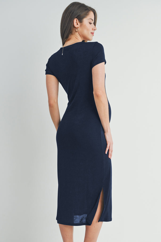 Navy Short Sleeve Double Side Slit Maternity Midi Dress Back View