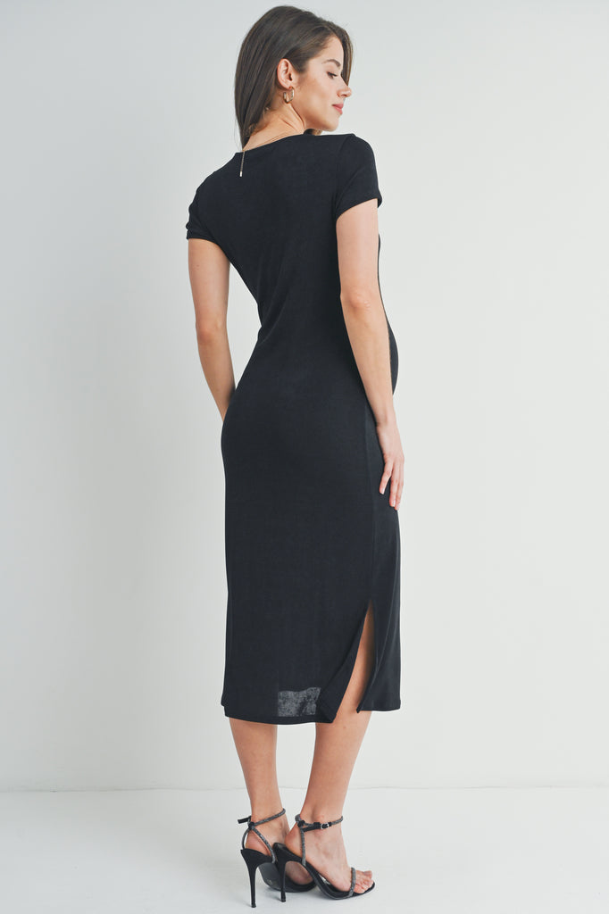 Black Short Sleeve Double Side Slit Maternity Midi Dress Back View