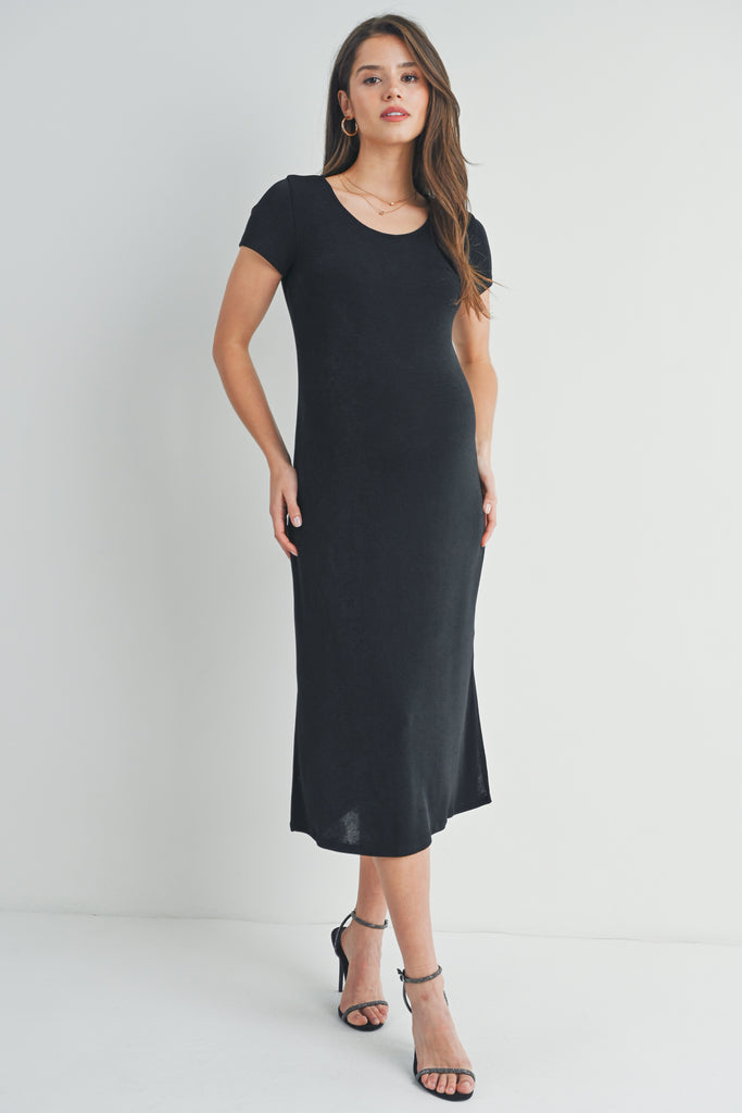 Black Short Sleeve Double Side Slit Maternity Midi Dress Front View