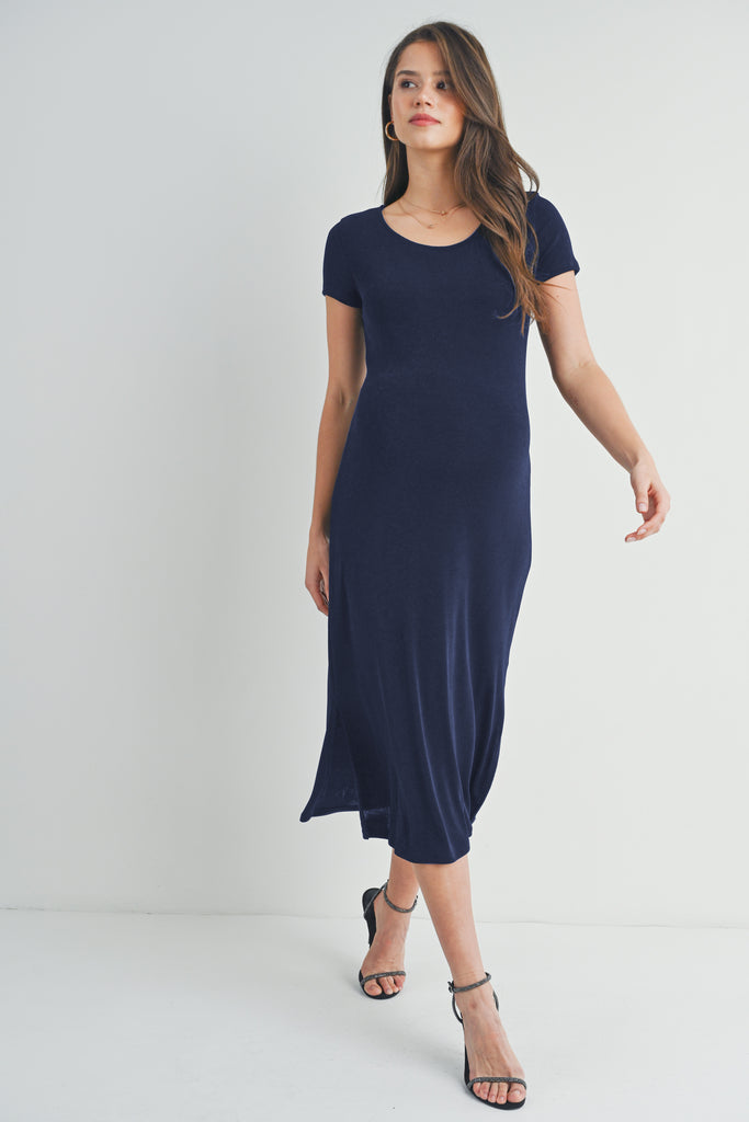 Navy Short Sleeve Double Side Slit Maternity Midi Dress Full Body