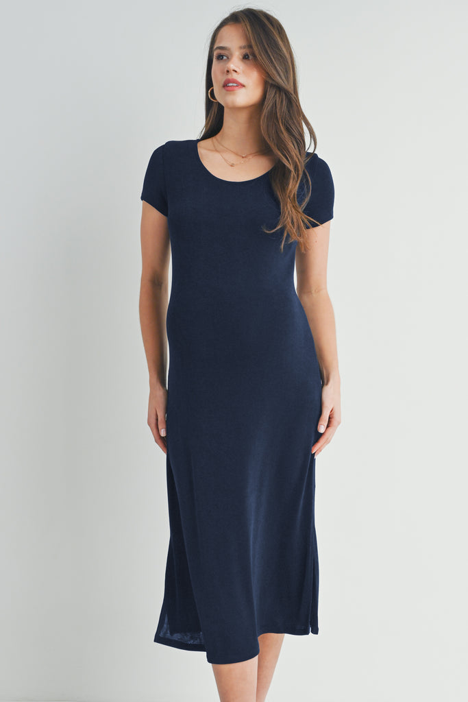 Navy Short Sleeve Double Side Slit Maternity Midi Dress Front View