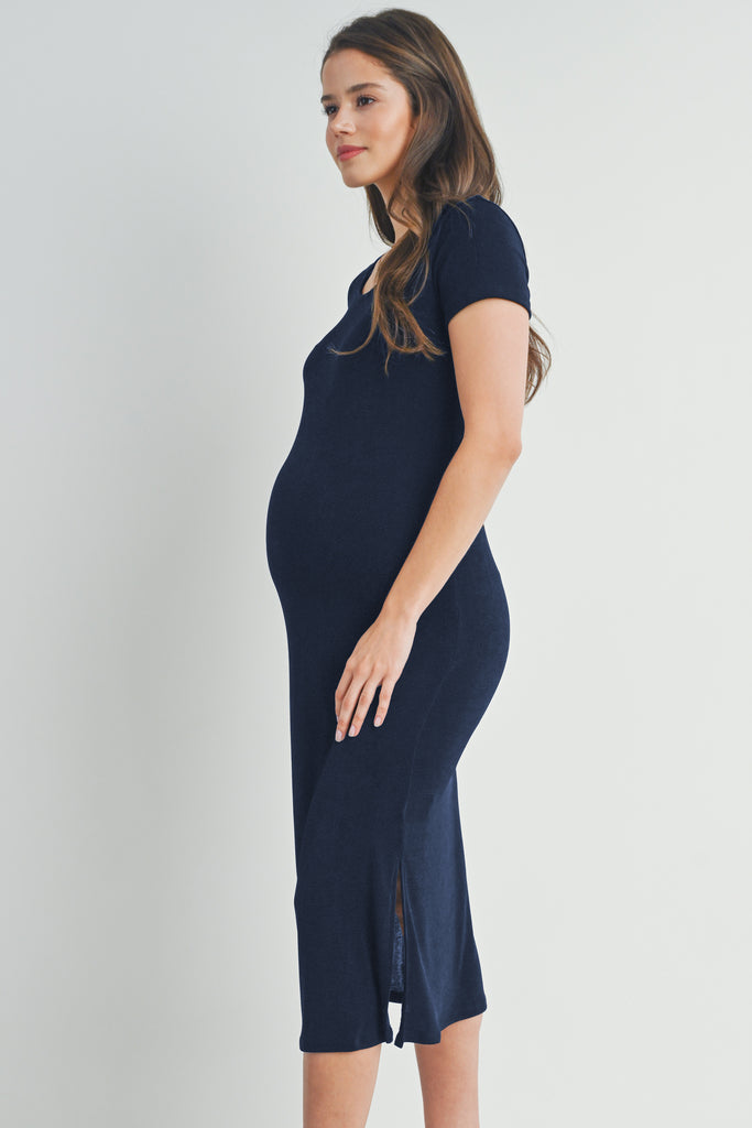 Navy Short Sleeve Double Side Slit Maternity Midi Dress Side View