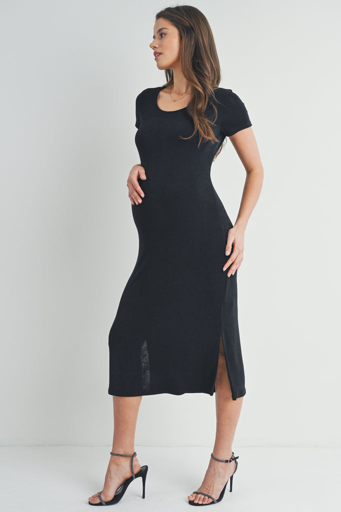 Black Short Sleeve Double Side Slit Maternity Midi Dress Side View