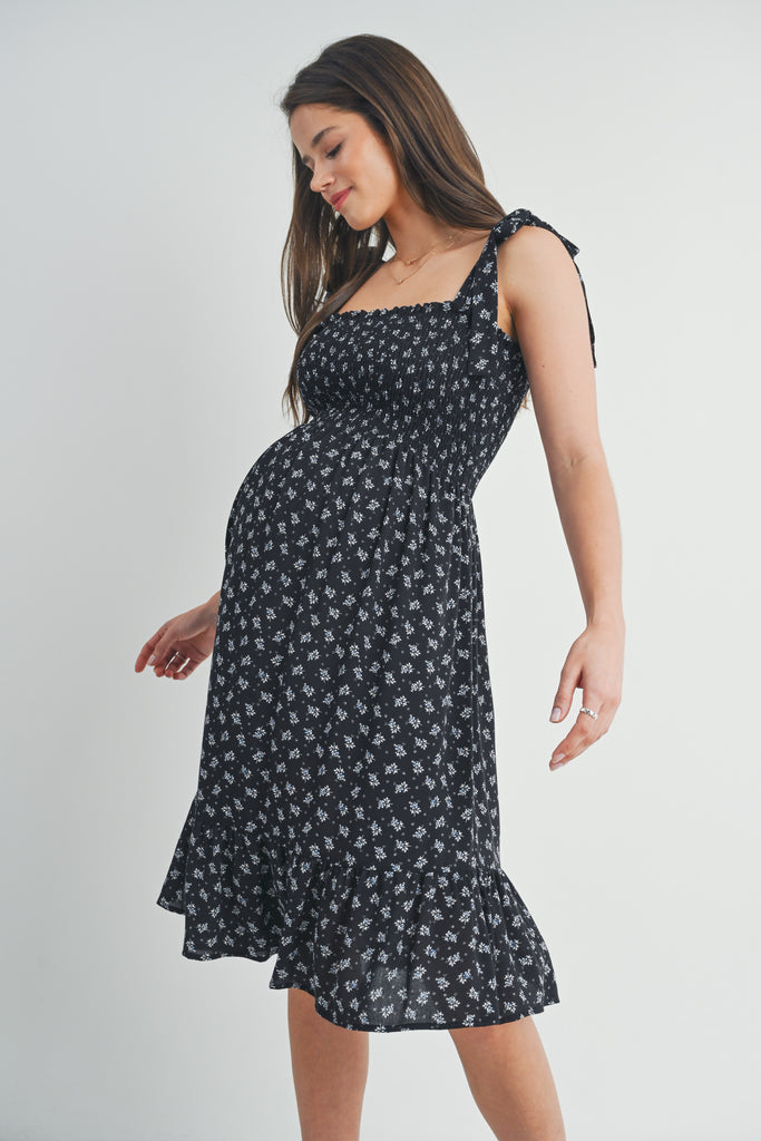 Black Floral Smocked Tie Shoulder Maternity Dress Side View