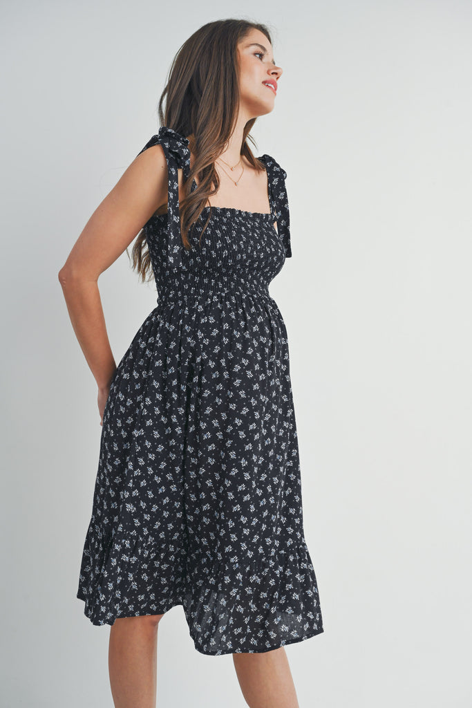 Black Floral Smocked Tie Shoulder Maternity Dress Side View