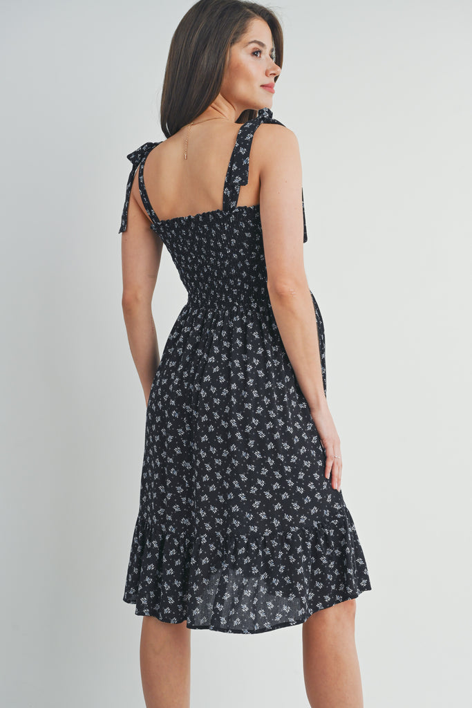 Black Floral Smocked Tie Shoulder Maternity Dress Back View