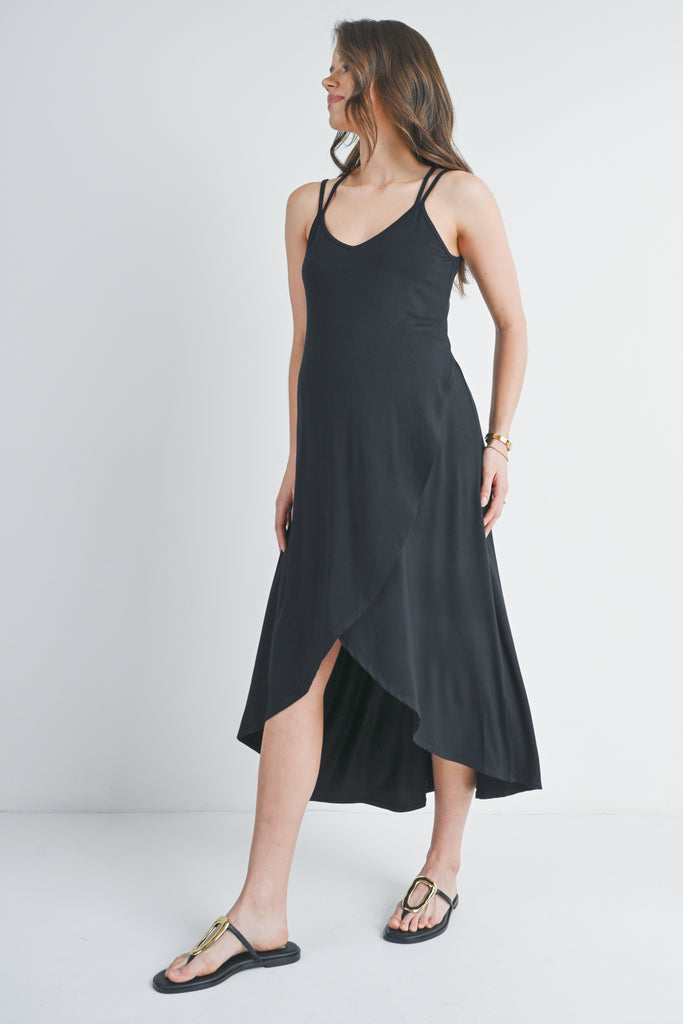 Black Hi-Lo V Neck Sleeveless Maternity Midi Dress Side View