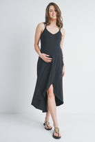 Black Hi-Lo V Neck Sleeveless Maternity Midi Dress Front View