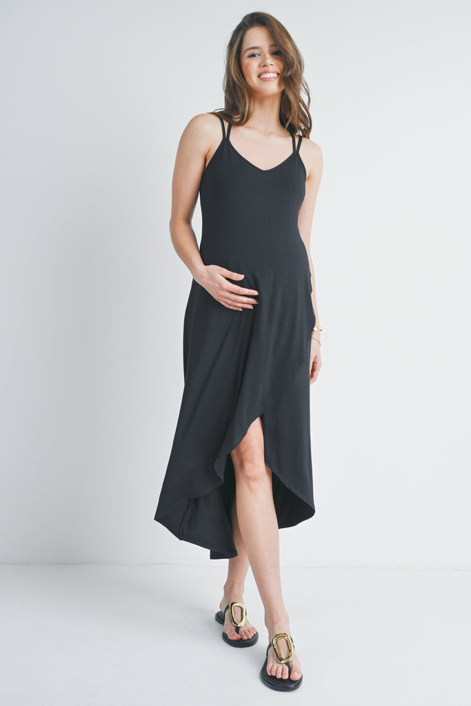 Black Hi-Lo V Neck Sleeveless Maternity Midi Dress Front View