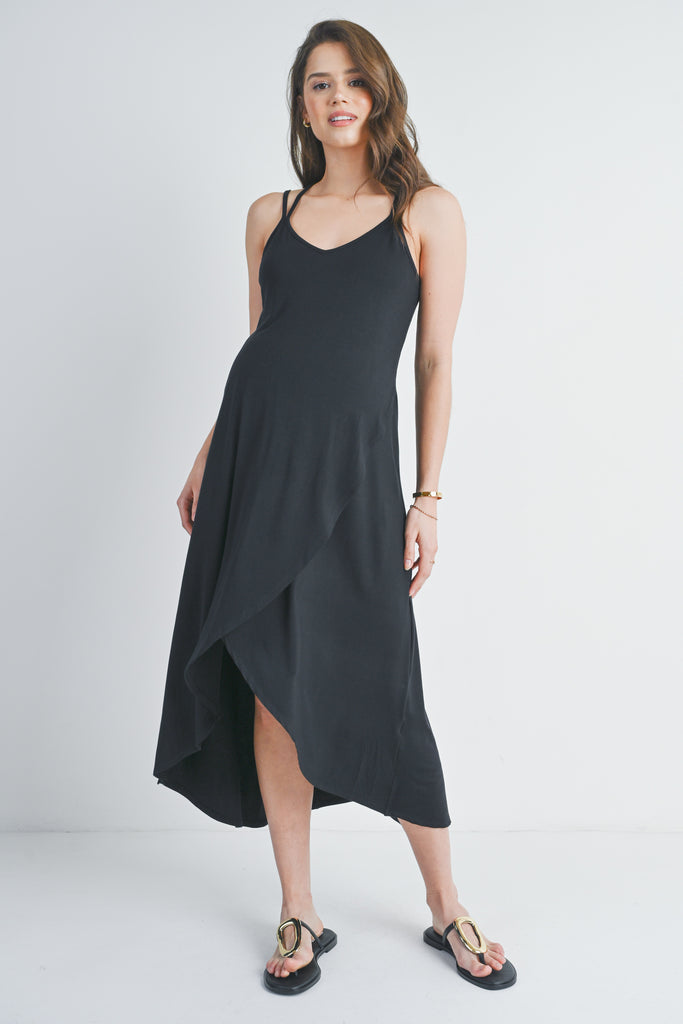 Black Hi-Lo V Neck Sleeveless Maternity Midi Dress Front View