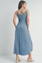 Chambray Hi-Lo V Neck Sleeveless Maternity Midi Dress Back View