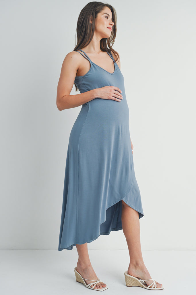 Chambray Hi-Lo V Neck Sleeveless Maternity Midi Dress Side View