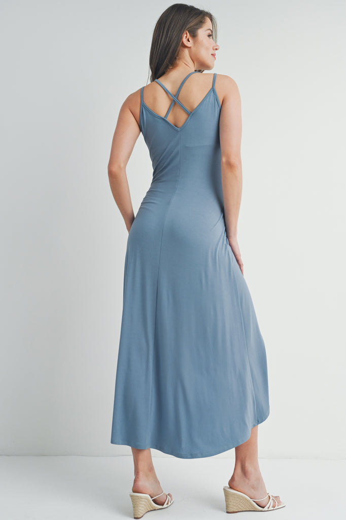 Chambray Hi-Lo V Neck Sleeveless Maternity Midi Dress Back View