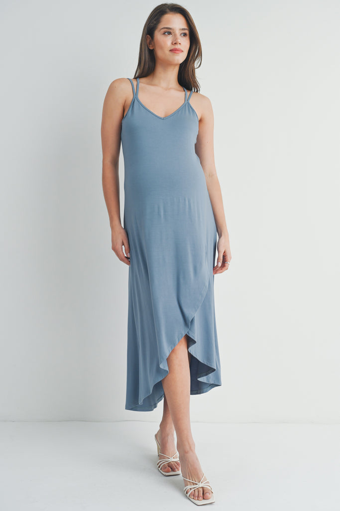 Chambray Hi-Lo V Neck Sleeveless Maternity Midi Dress Side View