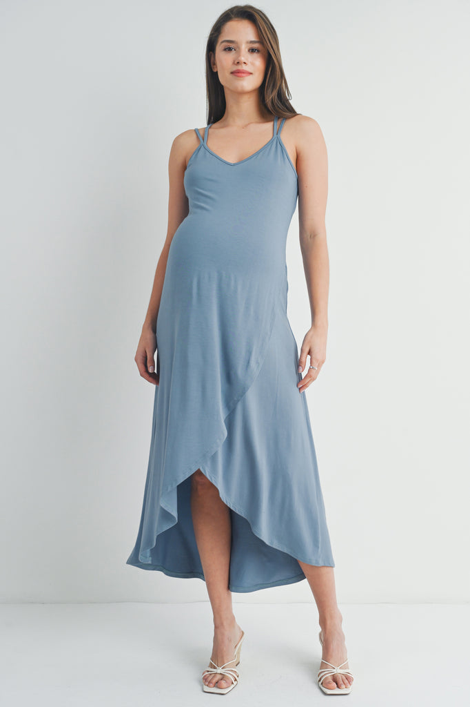 Chambray Hi-Lo V Neck Sleeveless Maternity Midi Dress Front View