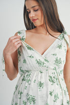 Ivory/Green Floral Tie Strap Wrap Maternity Dress with Pockets *Nursing Friendly* Nursing Close Up
