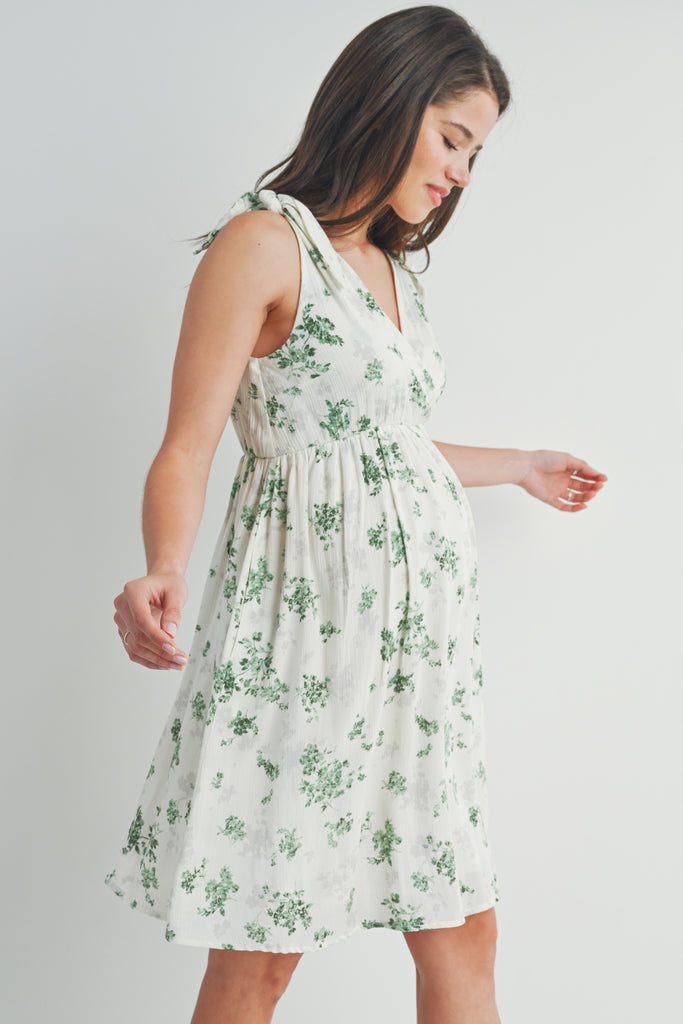 Ivory/Green Floral Tie Strap Wrap Maternity Dress with Pockets *Nursing Friendly* Side View
