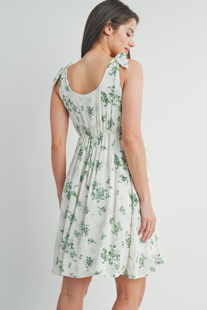 Ivory/Green Floral Tie Strap Wrap Maternity Dress with Pockets *Nursing Friendly* Back View
