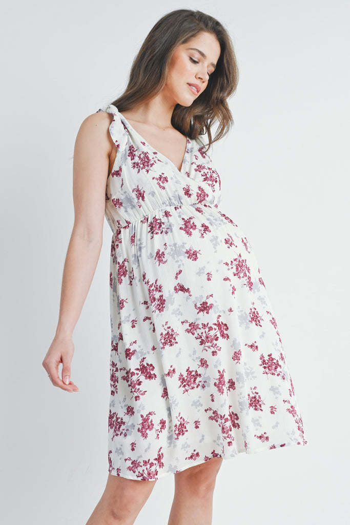 Ivory/Mauve Floral Tie Strap Wrap Maternity Dress with Pockets *Nursing Friendly* Side View