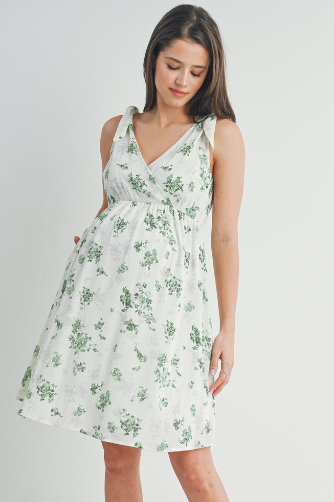 Ivory/Green Floral Tie Strap Wrap Maternity Dress with Pockets *Nursing Friendly* Front View