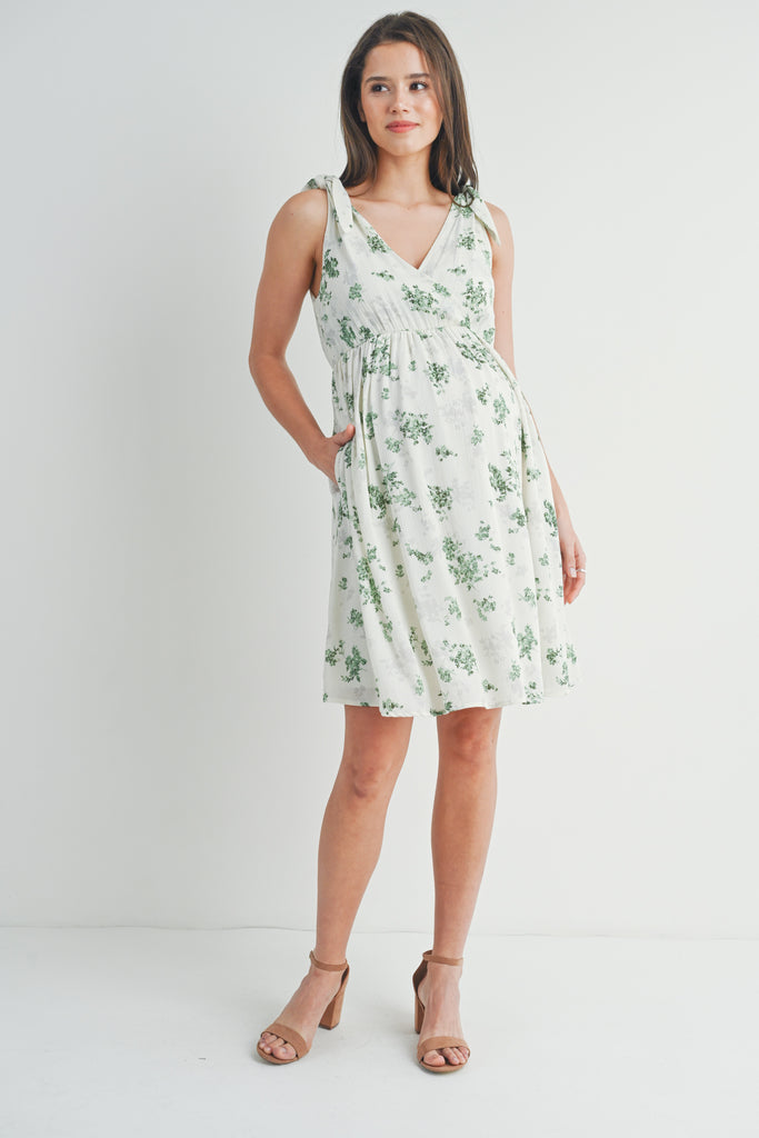 Ivory/Green Floral Tie Strap Wrap Maternity Dress with Pockets *Nursing Friendly* Full Body