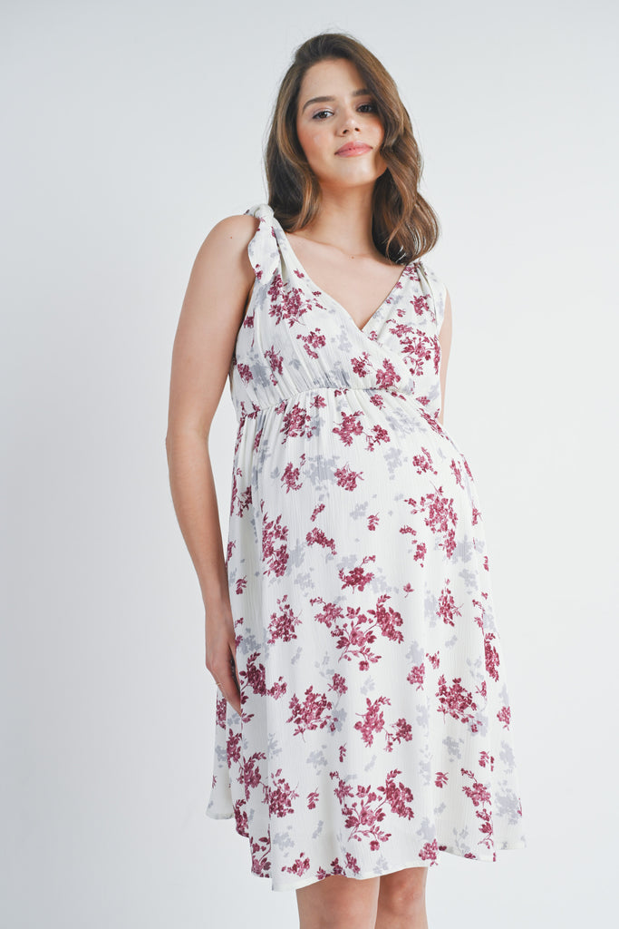 Ivory/Mauve Floral Tie Strap Wrap Maternity Dress with Pockets *Nursing Friendly* Front View