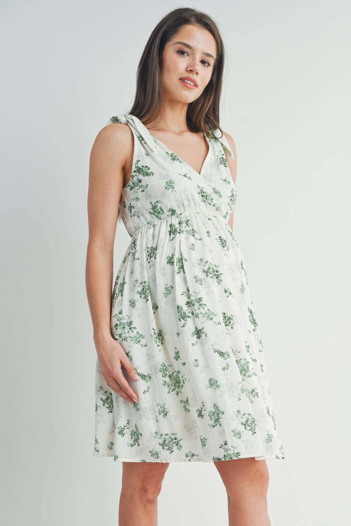 Ivory/Green Floral Tie Strap Wrap Maternity Dress with Pockets *Nursing Friendly* Side View