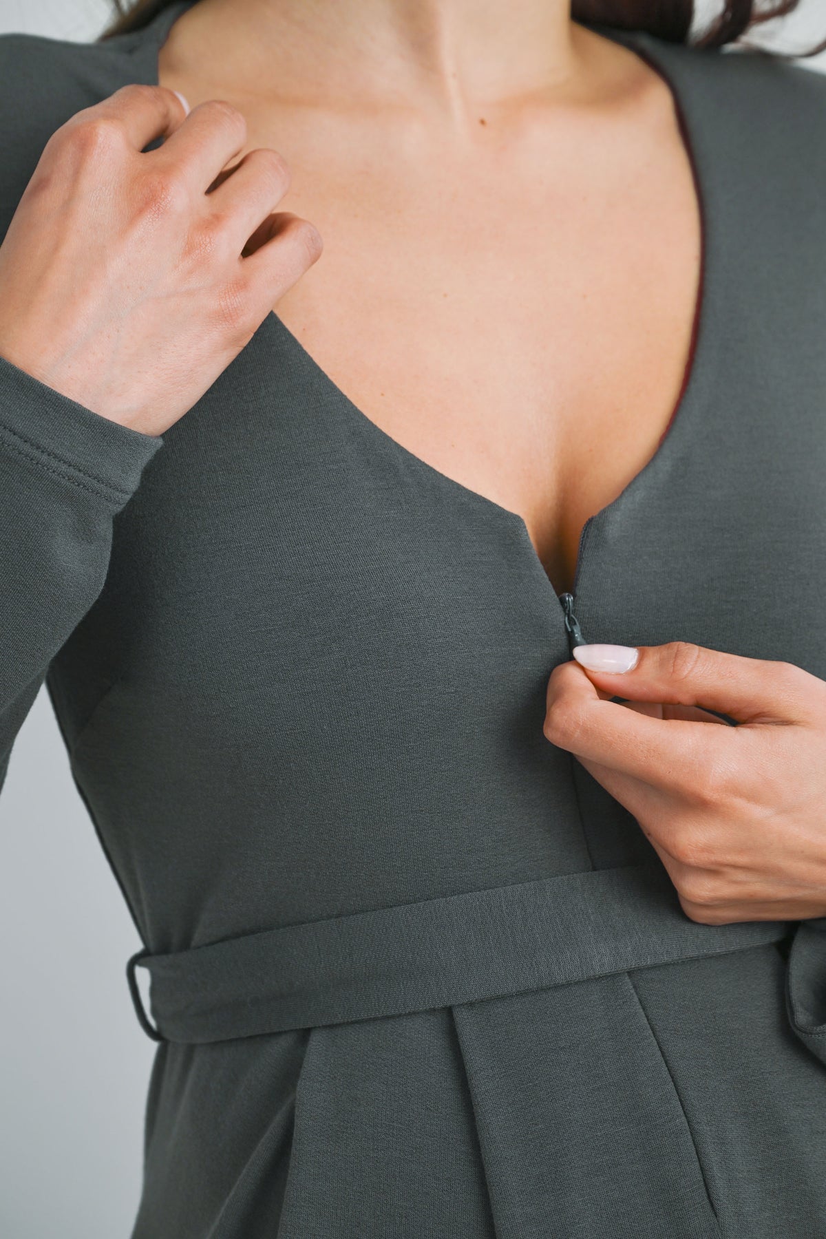 Grey Zip Up Wide Leg Long Sleeve Belted Maternity Jumpsuit Close Up Detail