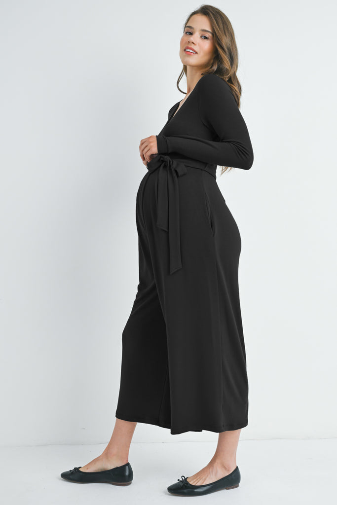 Black Zip Up Wide Leg Long Sleeve Belted Maternity Jumpsuit Side View