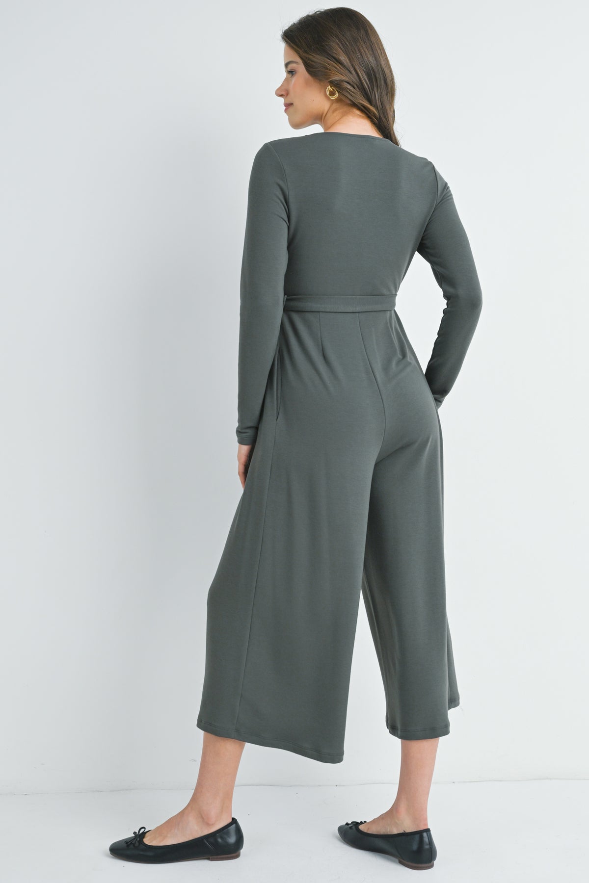 Grey Zip Up Wide Leg Long Sleeve Belted Maternity Jumpsuit Back View