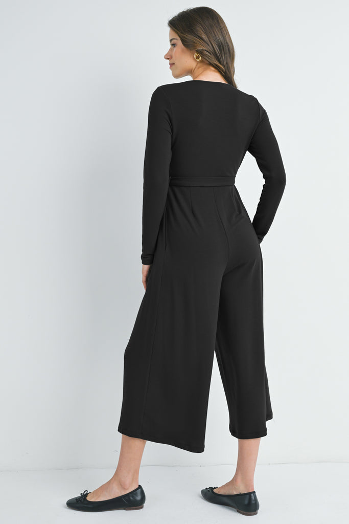 Black Zip Up Wide Leg Long Sleeve Belted Maternity Jumpsuit Back View
