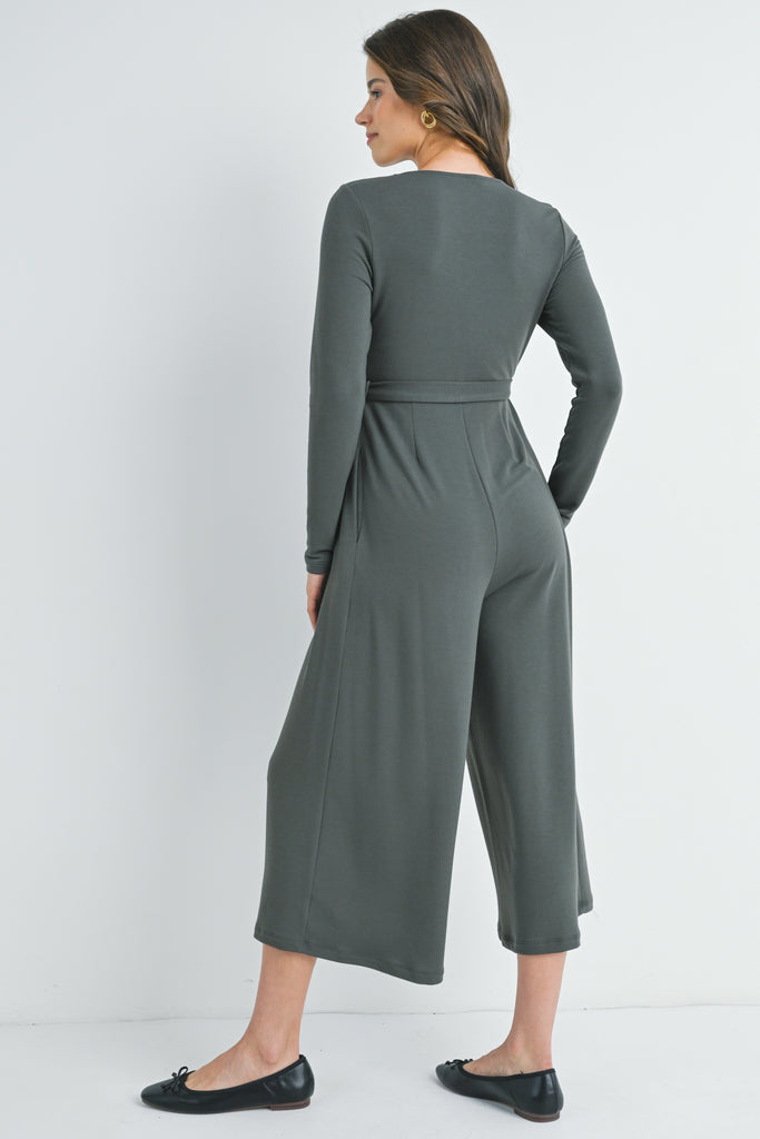 Grey Zip Up Wide Leg Long Sleeve Belted Maternity Jumpsuit Back View