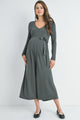 Grey Zip Up Wide Leg Long Sleeve Belted Maternity Jumpsuit Front View