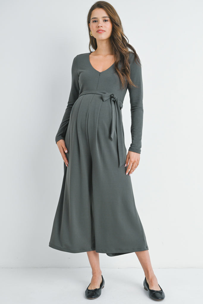 Grey Zip Up Wide Leg Long Sleeve Belted Maternity Jumpsuit Front View