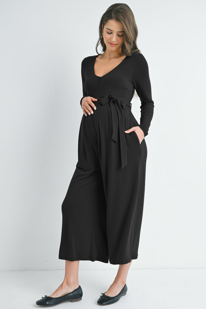 Black Zip Up Wide Leg Long Sleeve Belted Maternity Jumpsuit Front View