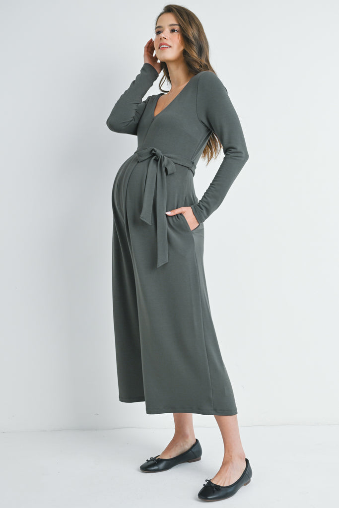 Grey Zip Up Wide Leg Long Sleeve Belted Maternity Jumpsuit Side View