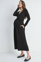 Black Zip Up Wide Leg Long Sleeve Belted Maternity Jumpsuit Side View