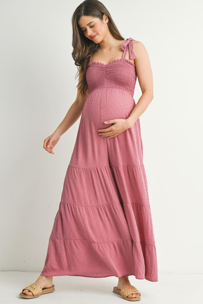 Smocked Tie Strap Wide Leg Maternity Jumpsuit - Main Image