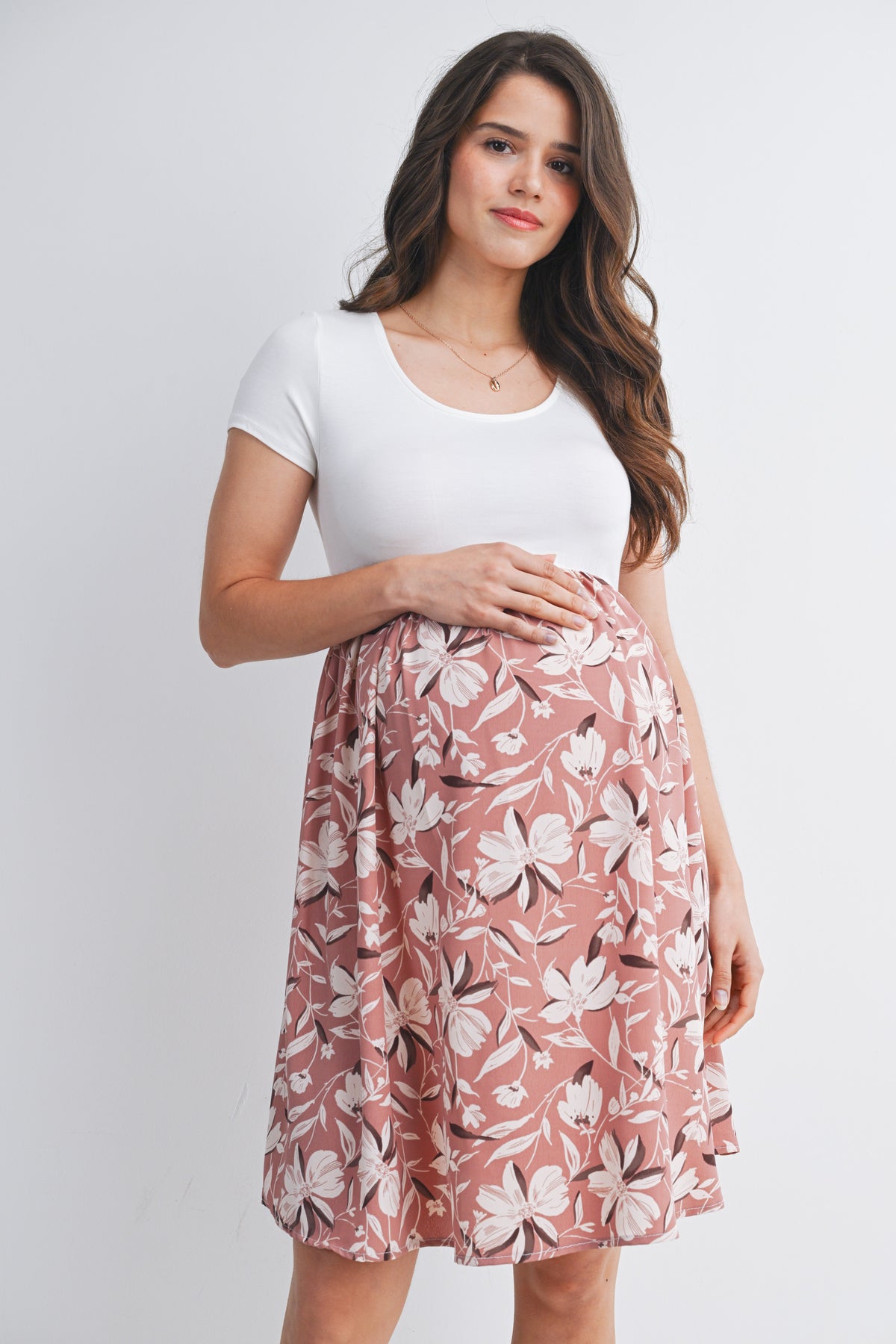 Floral Short Sleeve Scoop Neck Maternity Dress with Pockets Front View