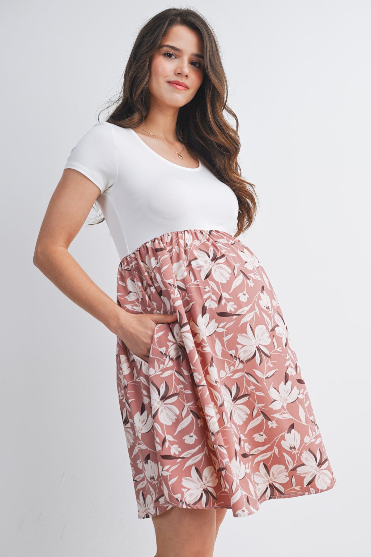 Floral Short Sleeve Scoop Neck Maternity Dress with Pockets Side View