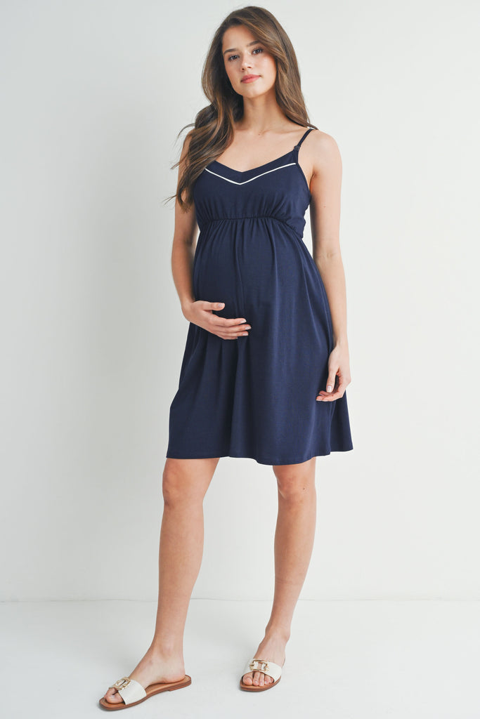 Navy Nursing Friendly Cami V Neck Maternity Dress Full Body