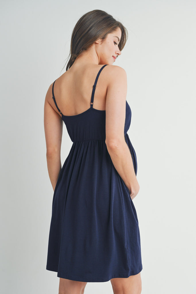 Navy Nursing Friendly Cami V Neck Maternity Dress Back View